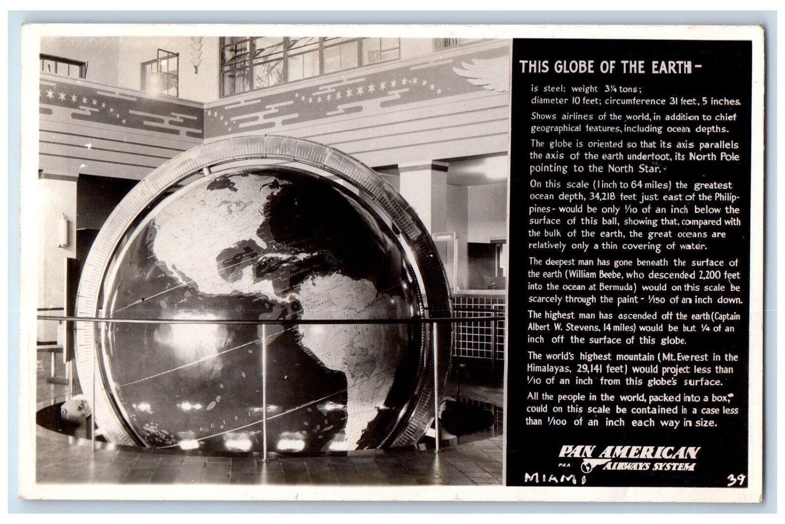 c1940's Globe Of The Earth Pan American Airways Miami FL RPPC Photo Postcard
