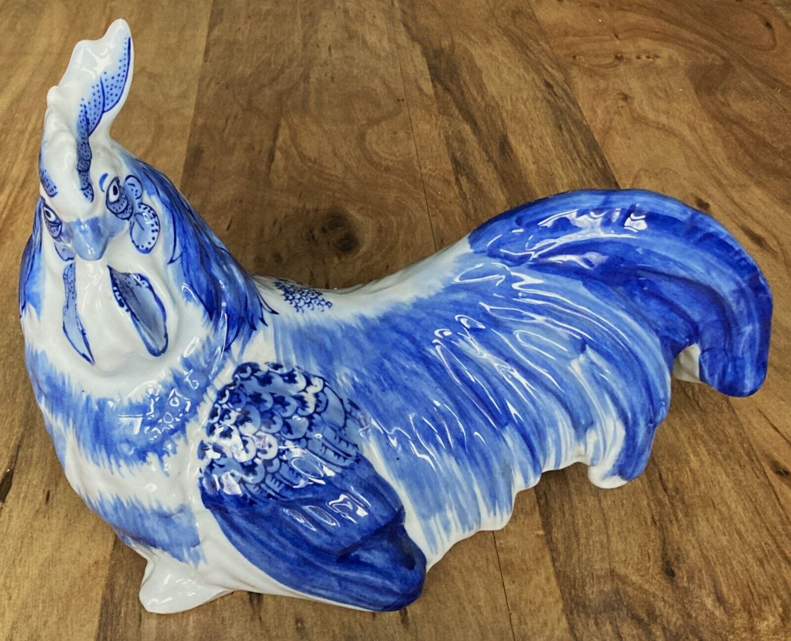 Vintage Cobalt Blue & White Rooster Delft Style Bird Ceramic Porcelain Figurine