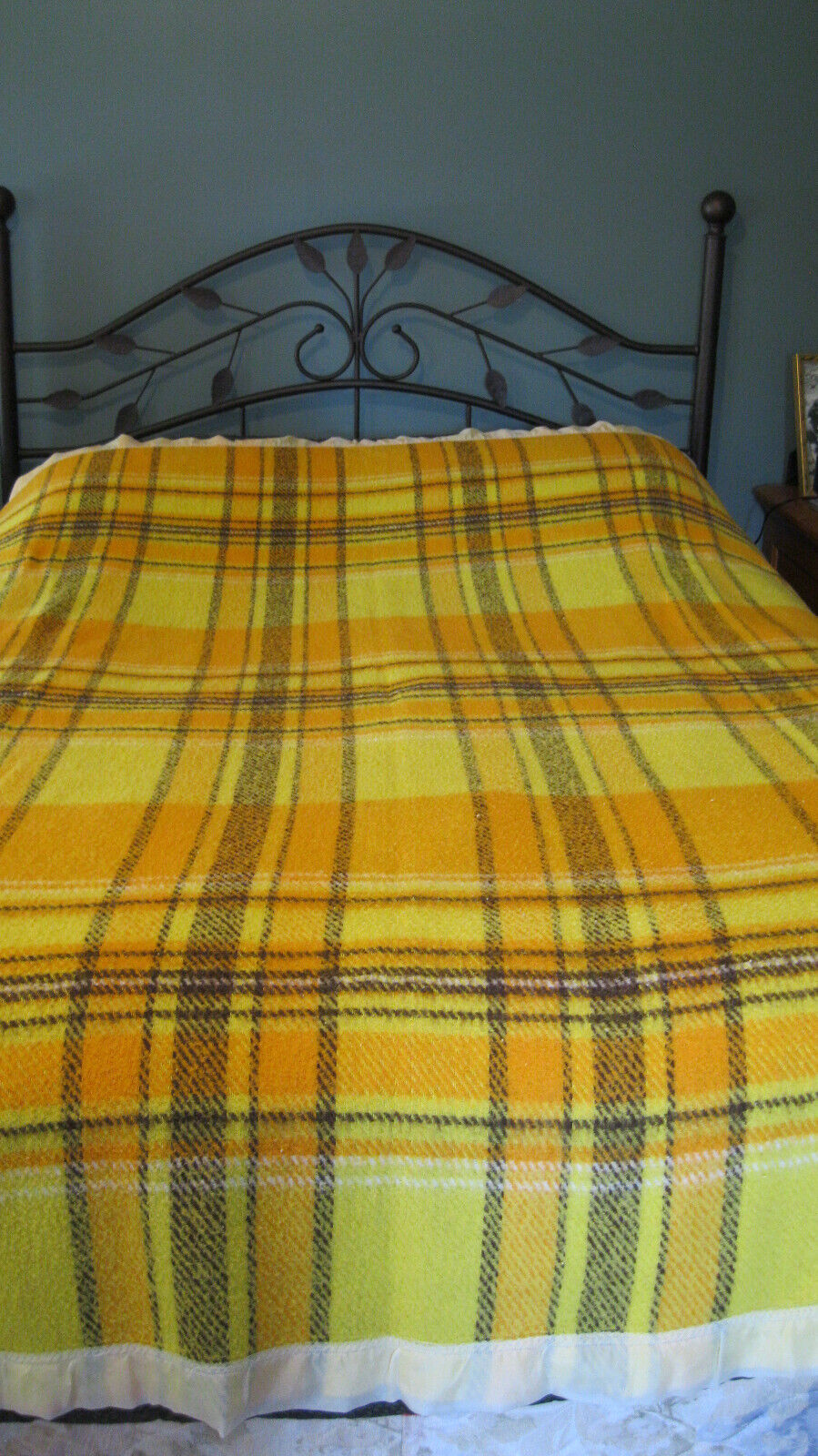 Vintage Yellow Plaid Blanket with Satin Edging - VG