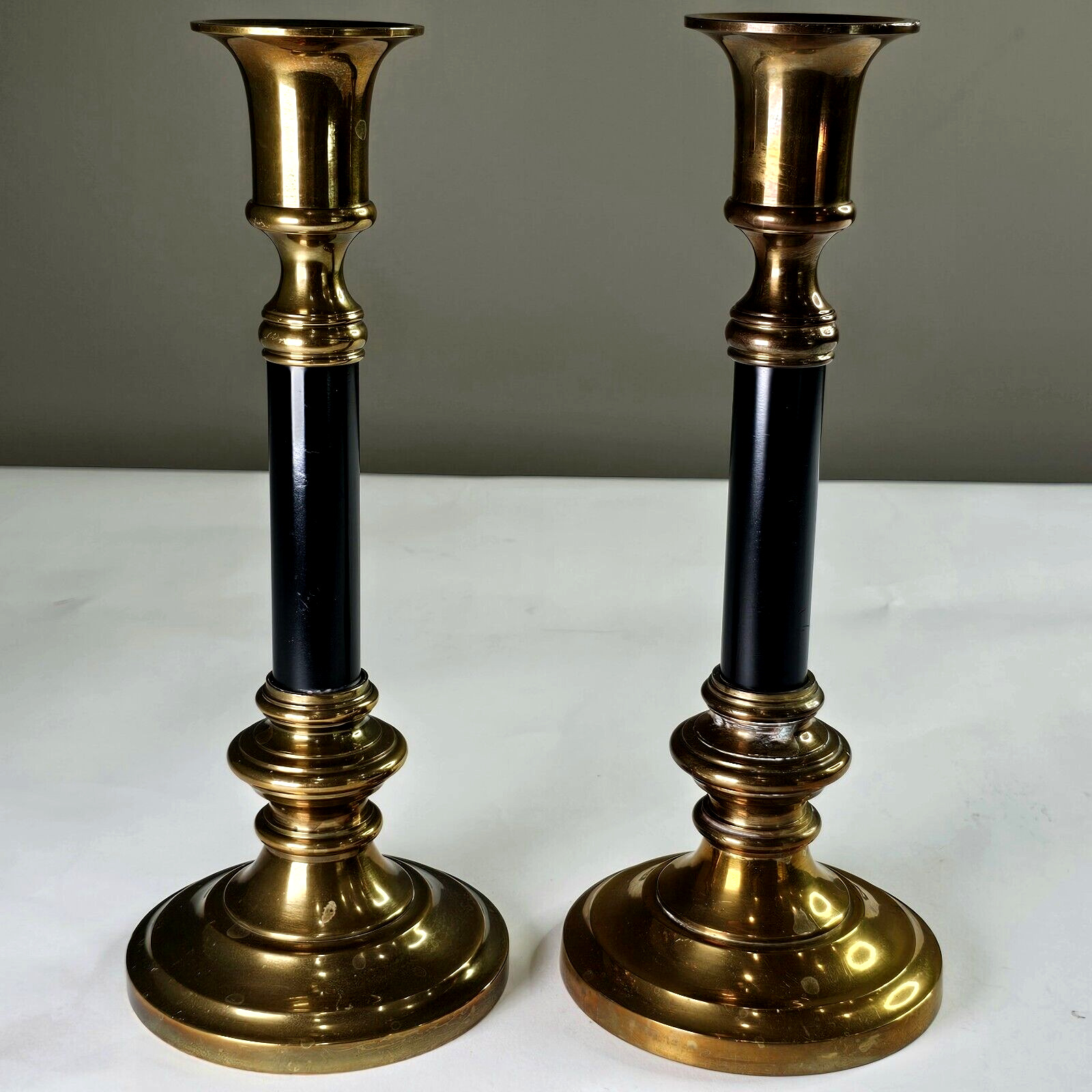 Antique  Brass & Black Candlesticks Candle Holders 11in Tall Heavy Made In Hong