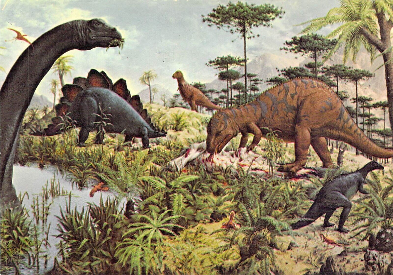 1977 Peabody #4  Museum Reptiles Mural 3 Dinosaurs 4x6 postcard L157