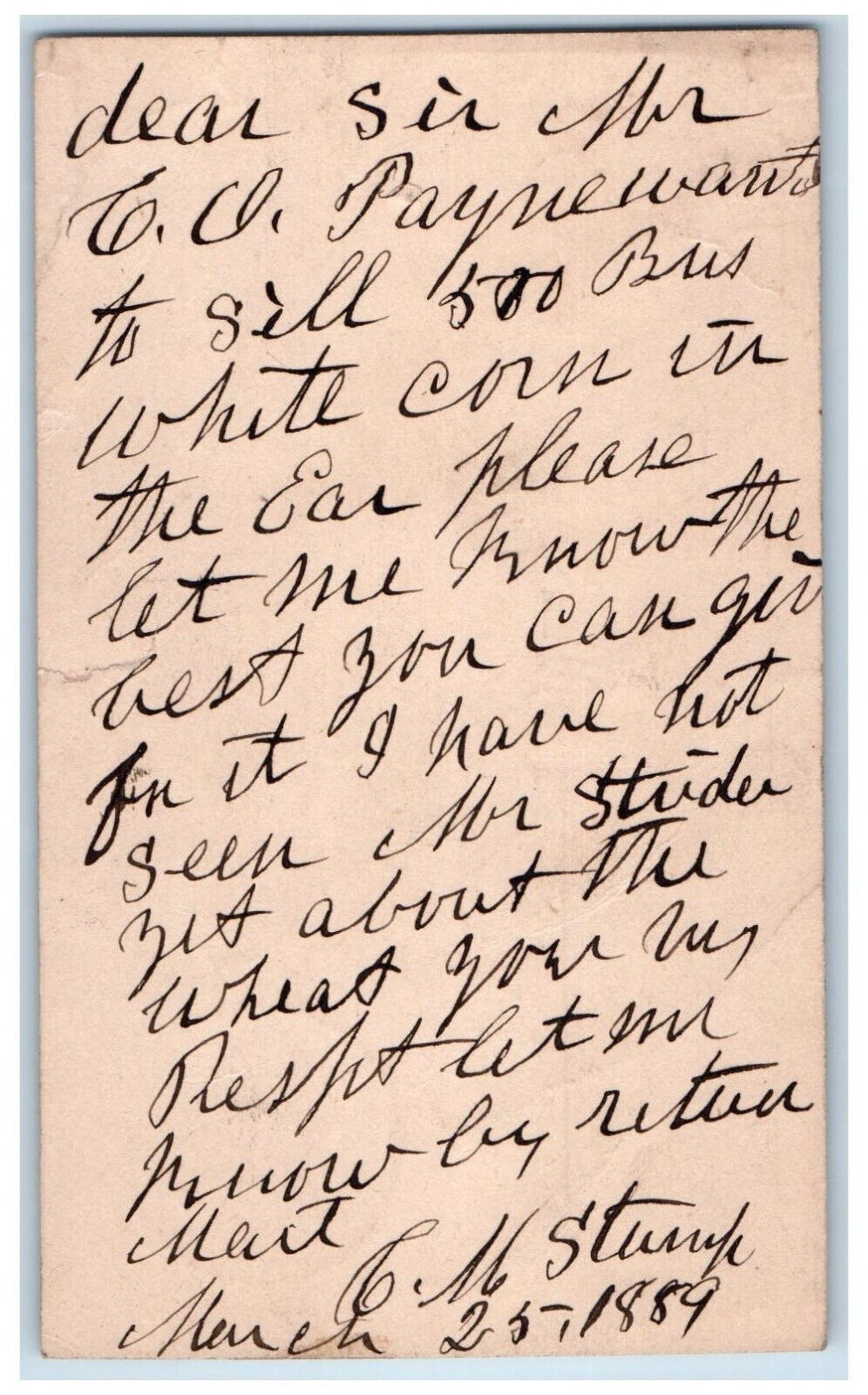 1889 EO Payne CM Stump Kerneysville WV Shepherdstown WV Antique Postal Card