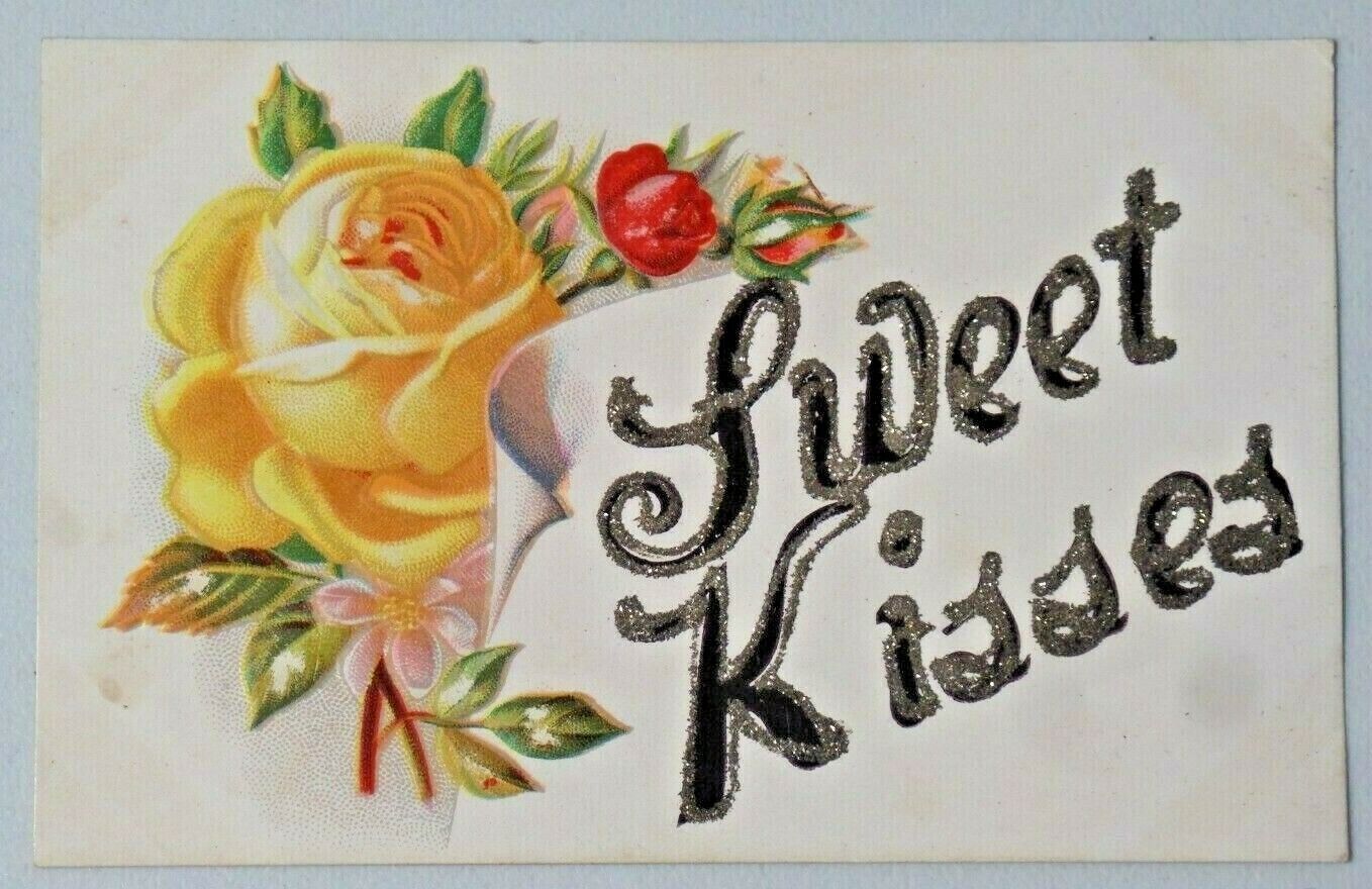 Sweet Kisses Yellow & Red Roses Glitter Embellished Embossed DB Postcard 9961
