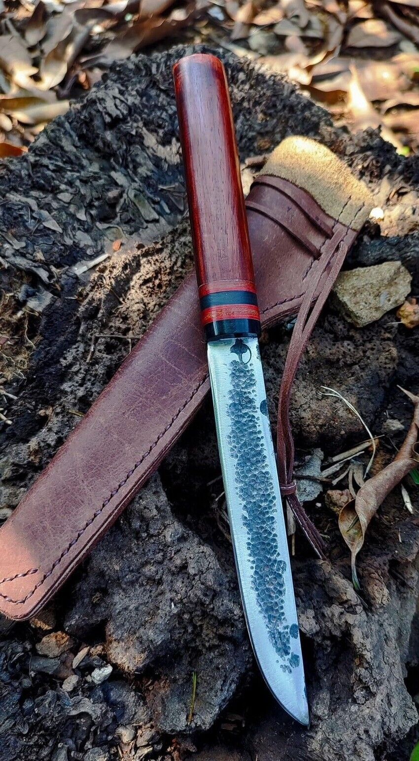 Custom Yakut camp hunting knife 6” Plow disc forged, Rosewood handle, L sheath