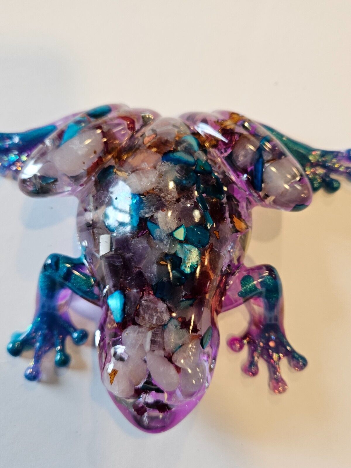 Handmade Resin Art Frog With Crystals, mothers of pearl and quartz and real rose