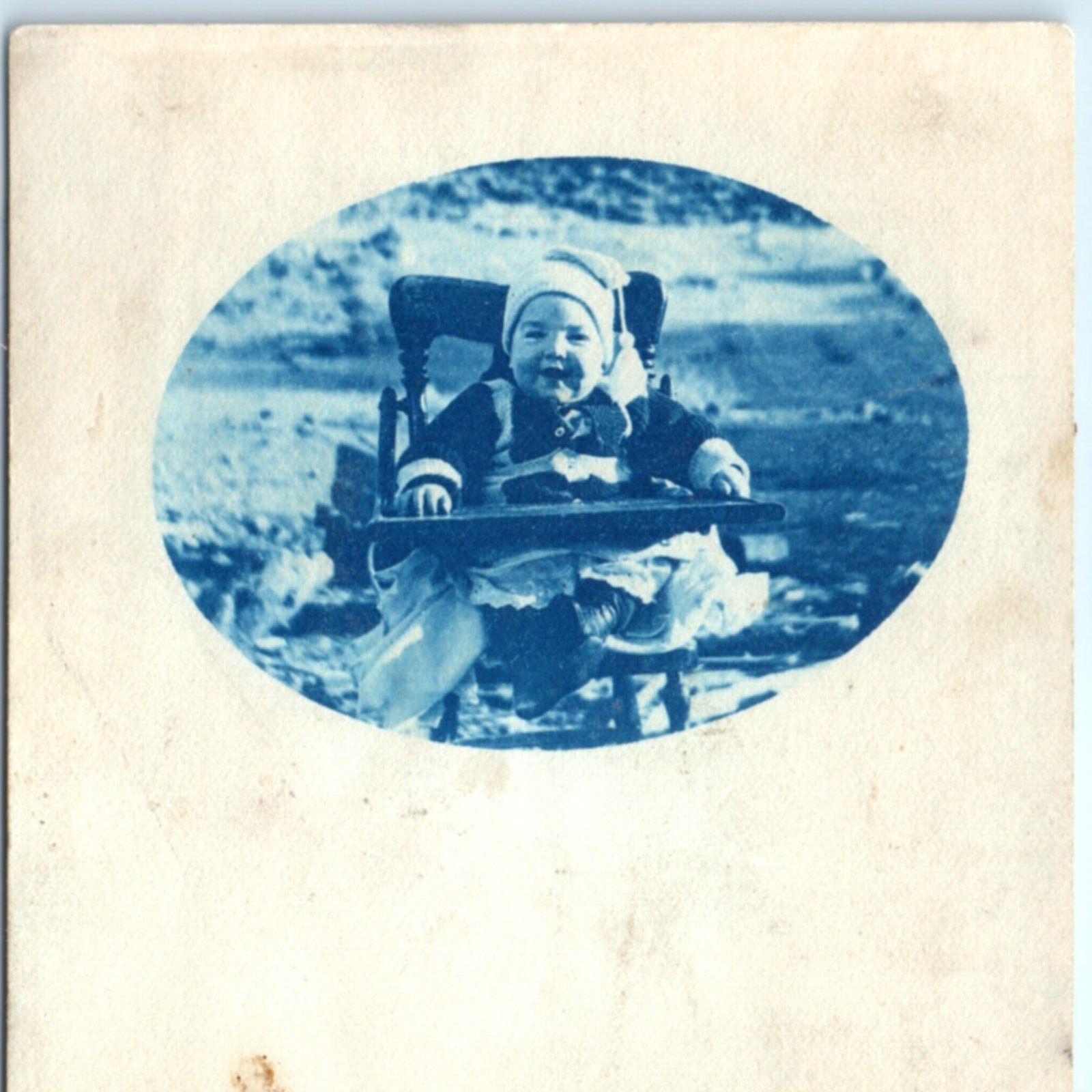c1910s Cyanotype Cute Baby High Chair RPPC Outdoors Laugh Smile Real Photo A134