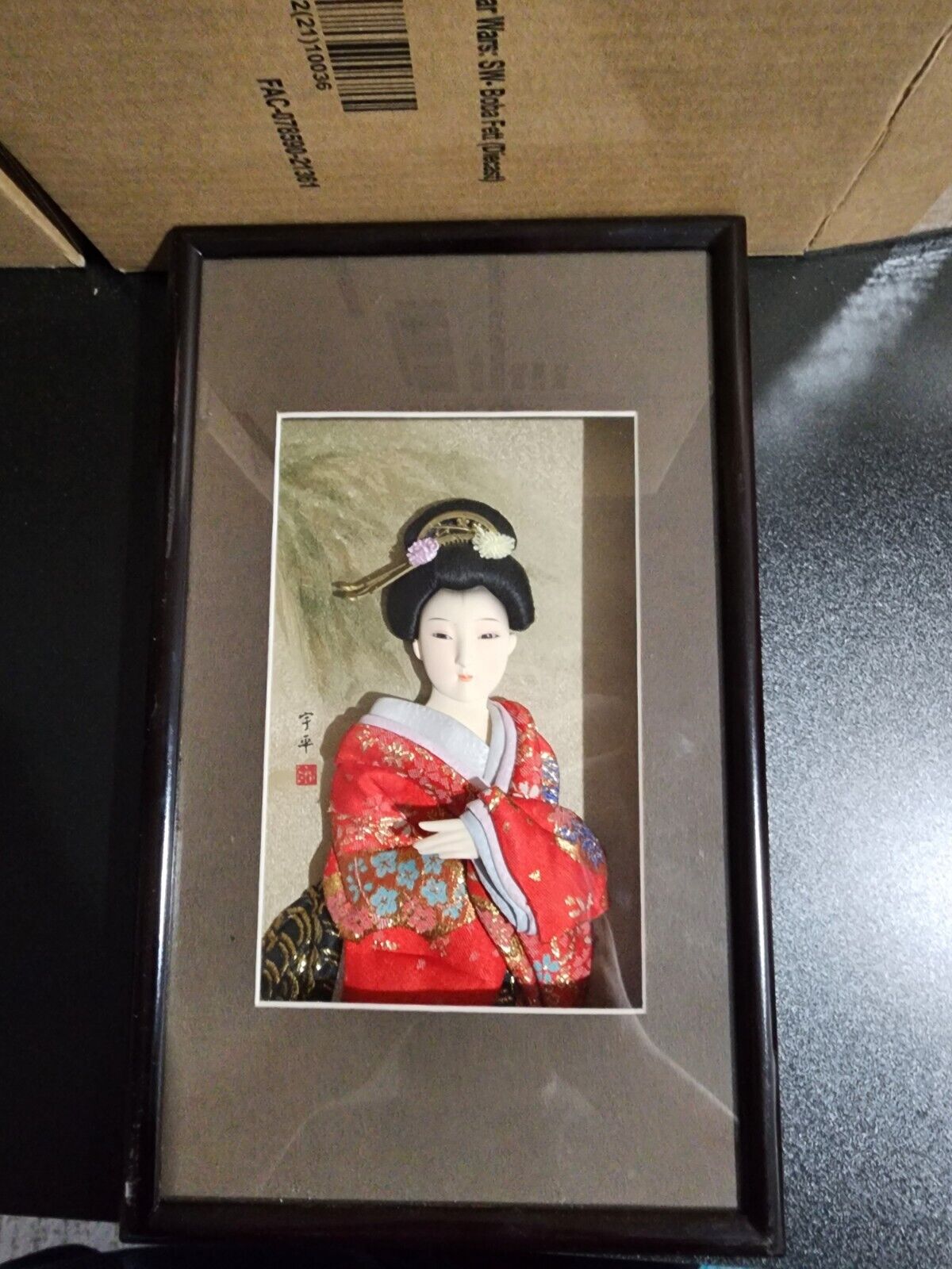 Red Silk Fabric 3D Wall Art Geisha  Japanese Framed Art 13x8
