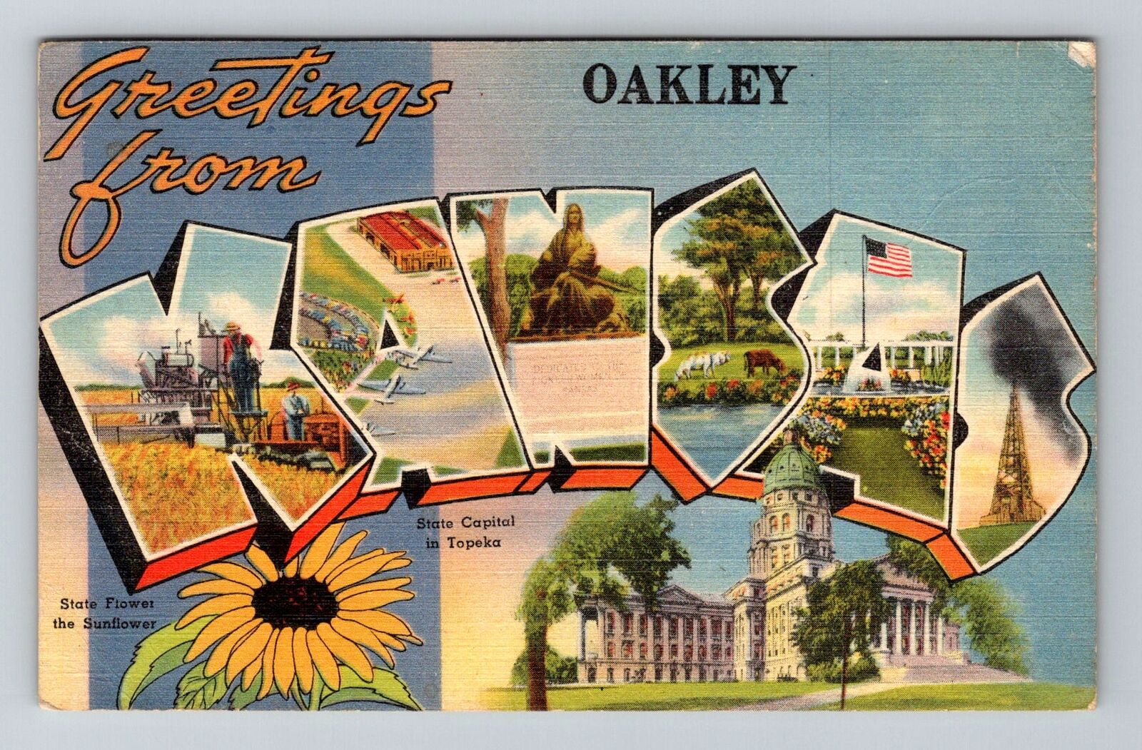 Oakley KS-Kansas, LARGE LETTER General Greetings, Vintage Postcard