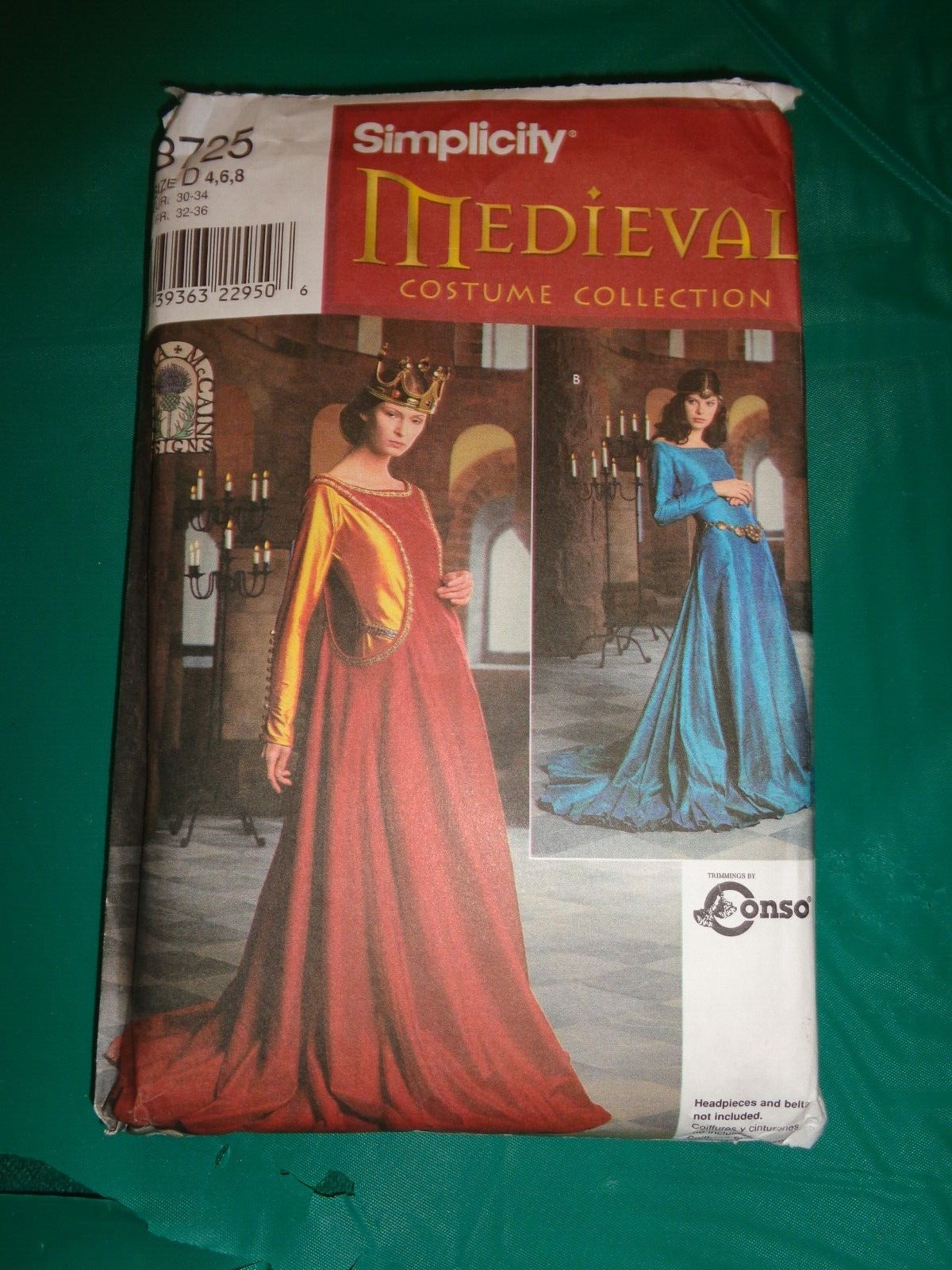Simplicity Sewing Pattern 8725 Medieval Costume Gowns 2 Styles Size 4-6-8 Uncut