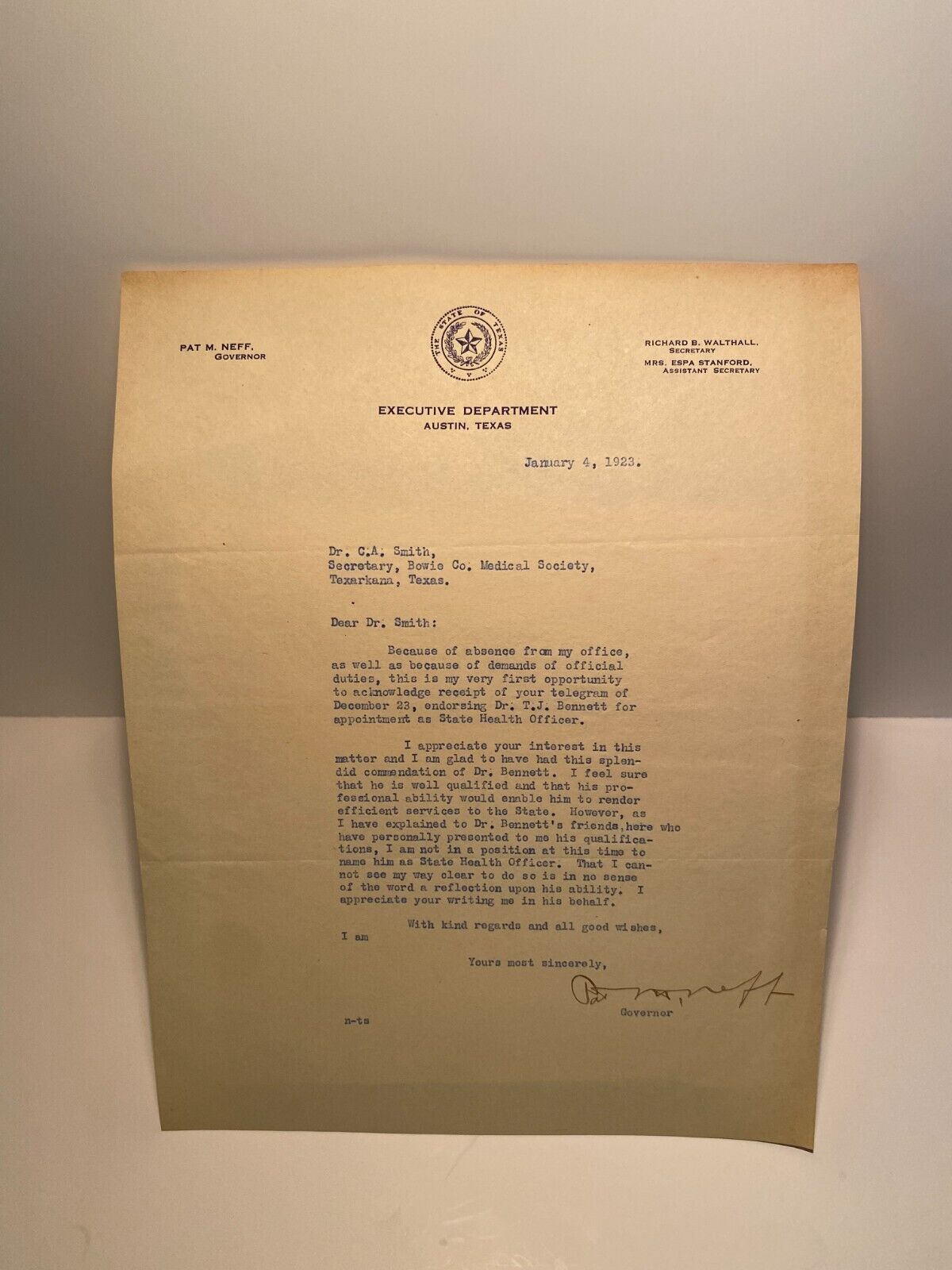 Texas Governor Pat Neff 1923 Letter Texarkana Dr. T. J. Bennet Health Officer
