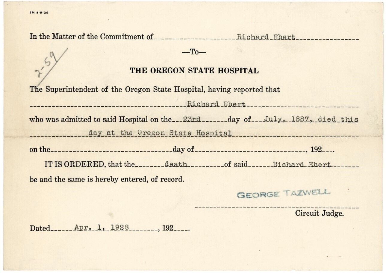 Oregon State Insane Asylum orig 1928 Death Certificate  40-year Incarceration