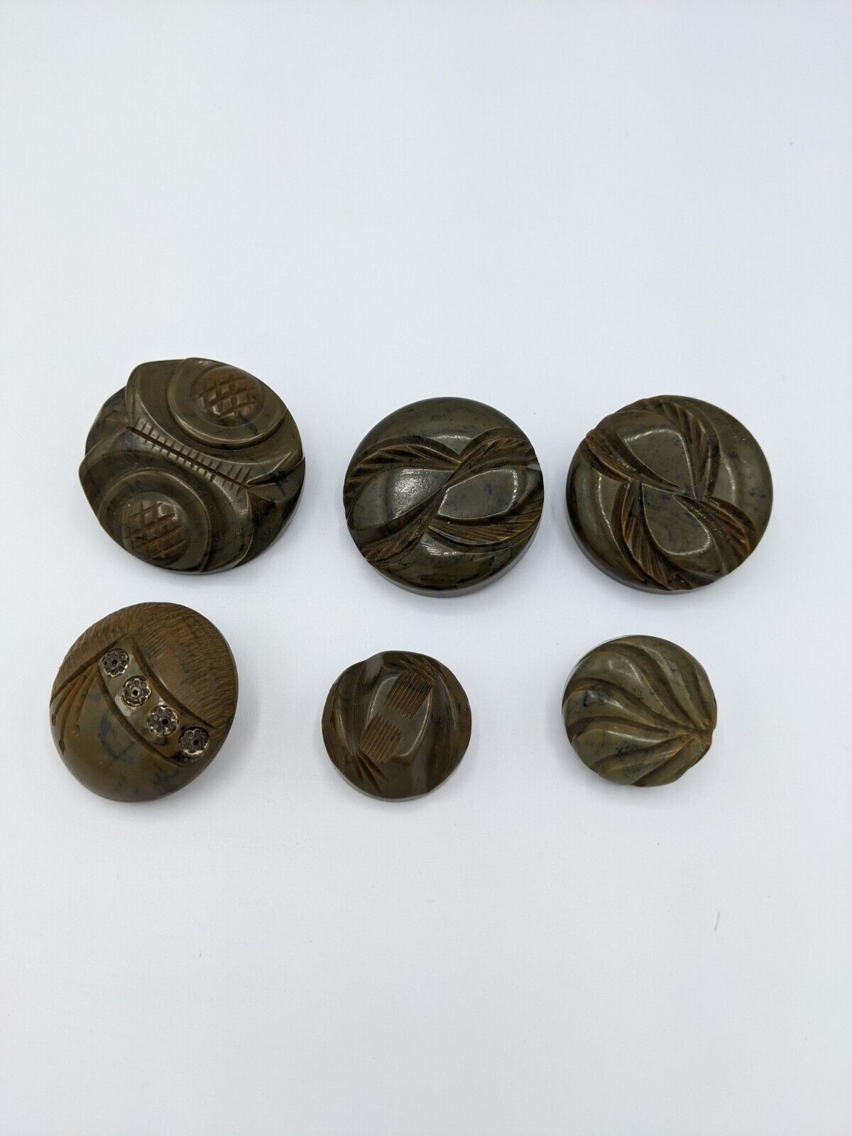 Vintage Chunky Large Carved Bakelite Button Green Swirl Lot of 6