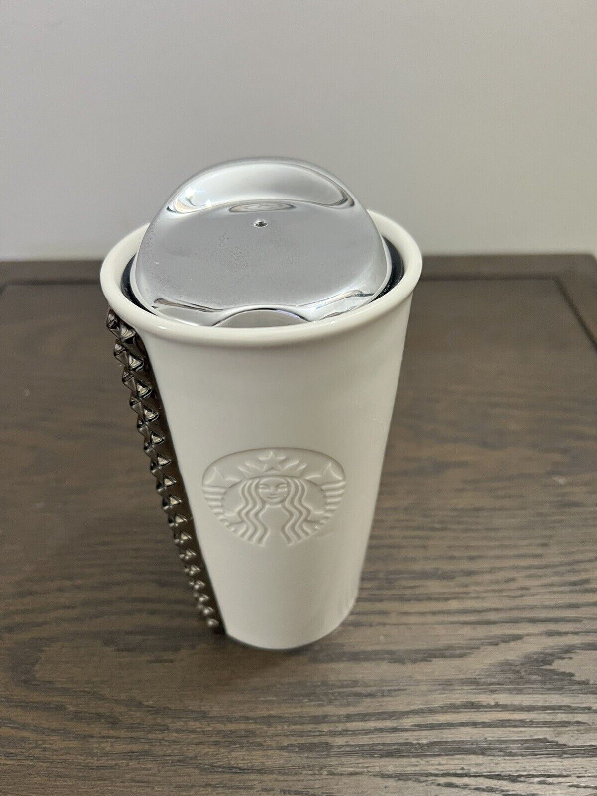 Starbucks 2014 White Ceramic Silver Studded 10oz Travel Tumbler Coffee Mug w/Lid
