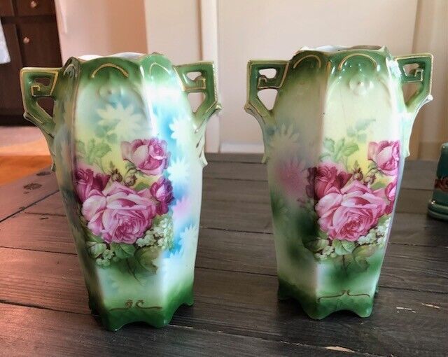 PAIR Antique Porcelain Austrian Vases 19th Century Hand Painted