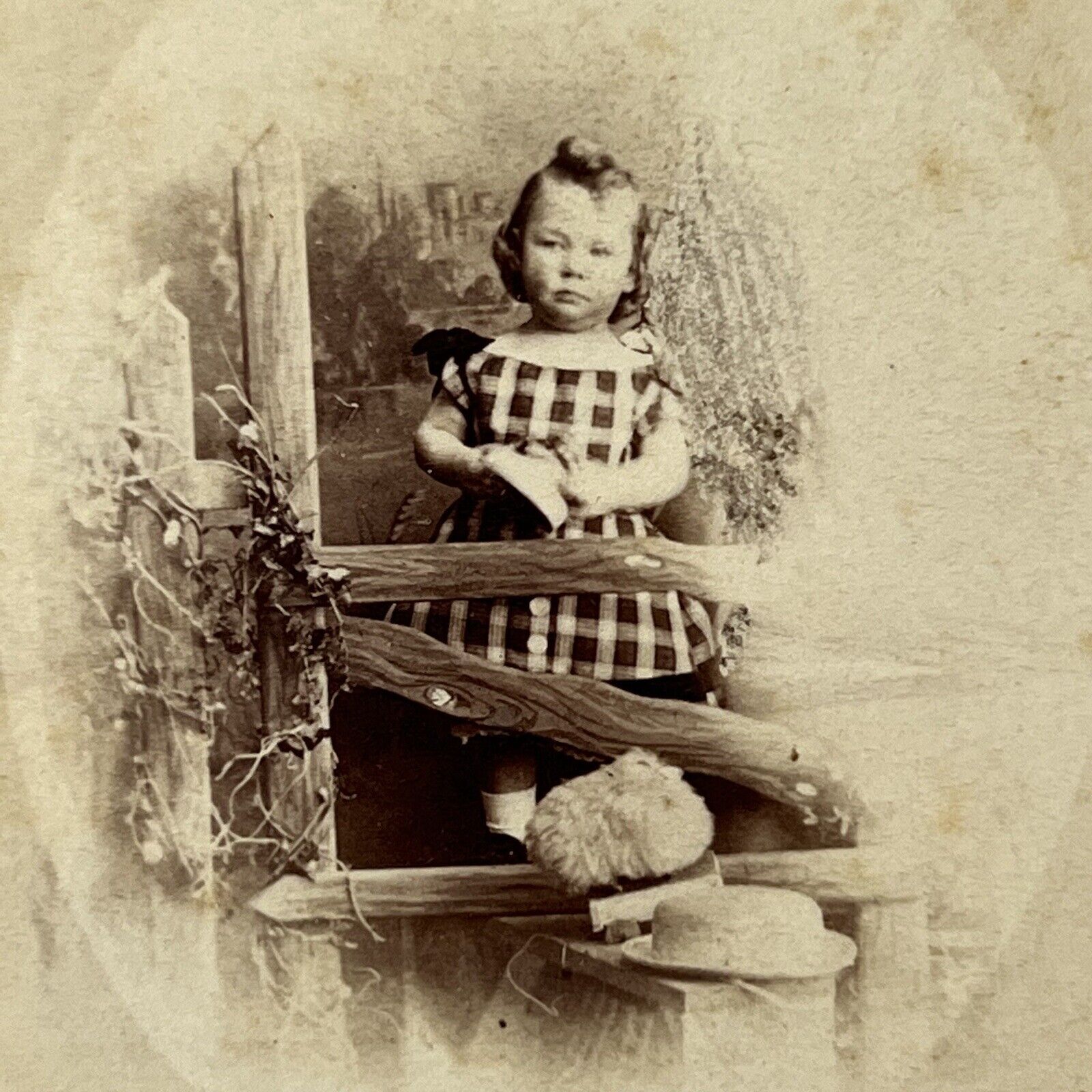 Antique CDV Photograph Adorable Little Girl Fence Plaid Dress Andover ID Young