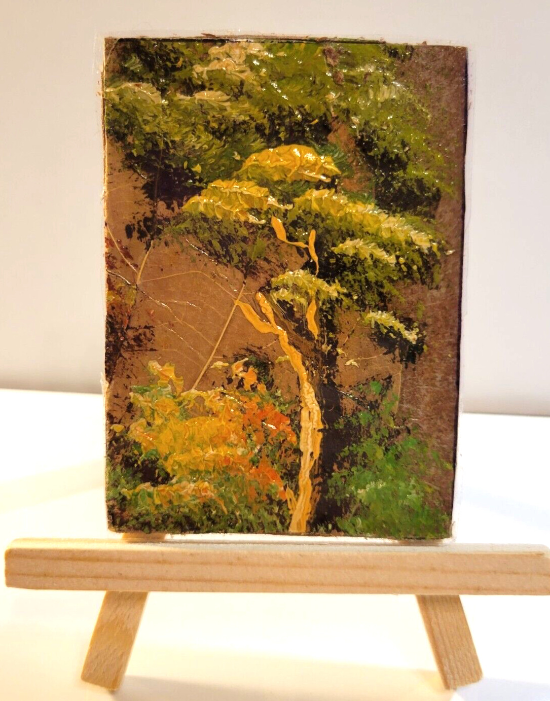 ACEO Real LEAF PAINTING Original Mixed Media BOTANICAL Art Trading Card 2.5x3.5\