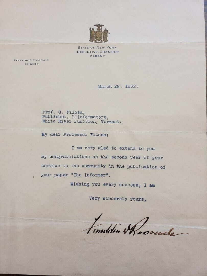 Franklin D Roosevelt Signed Letter As Governor of New York
