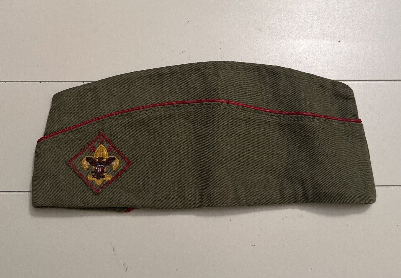 Vintage Boy Scouts BSA Garrison Cap Hat 7-7 1/8 Green Red Gold Eagle Patch 1966