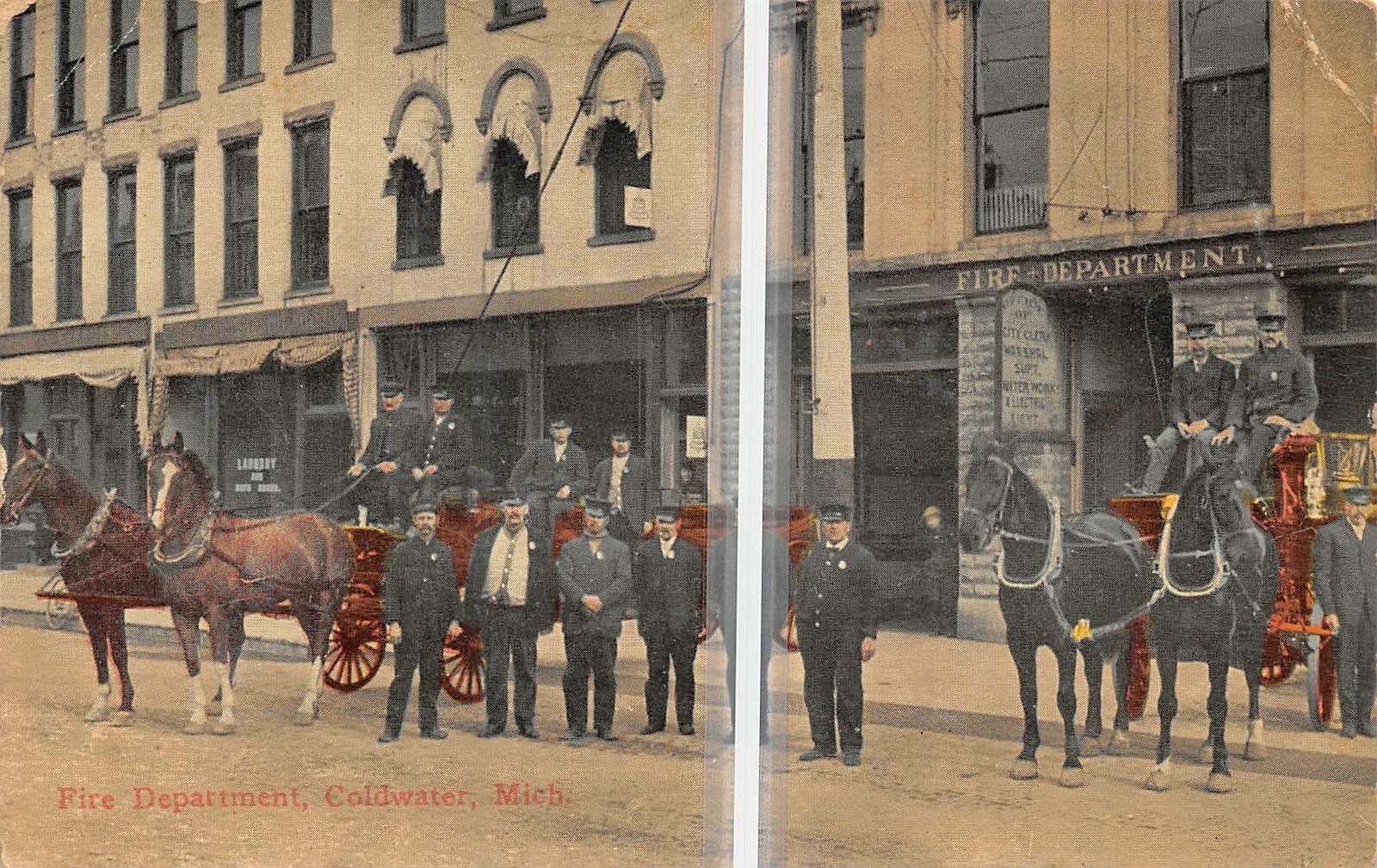COLDWATER Michigan postcard Branch County Fire Hall truck horse drawn engine
