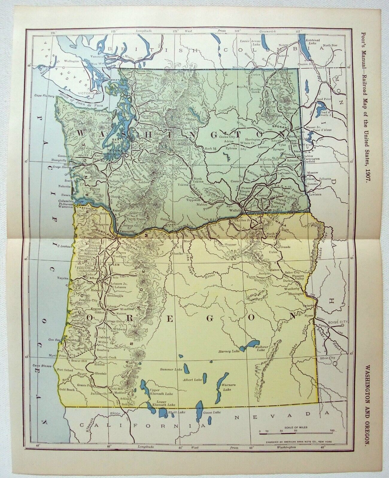 Washington & Oregon - Original 1907 Railroad Map. Antique