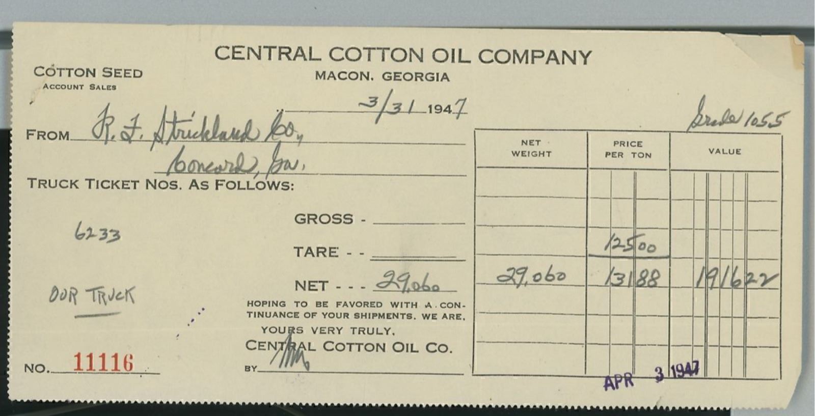 1947 Central Cotton Oil Company Macon Georgia Cotton Seed Invoice 386