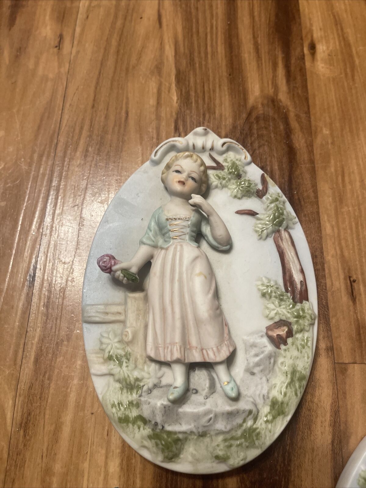 Victorian Wall Plaque By Ardco Boy and Girl Bisque Ceramic.  Japan Made