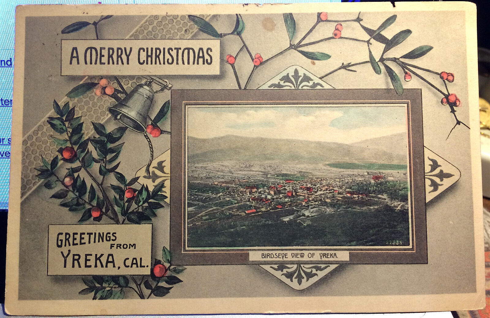 YREKA, CALIFORNIA Christmas, Hand Colored Post Card 1915 Siskiyou County