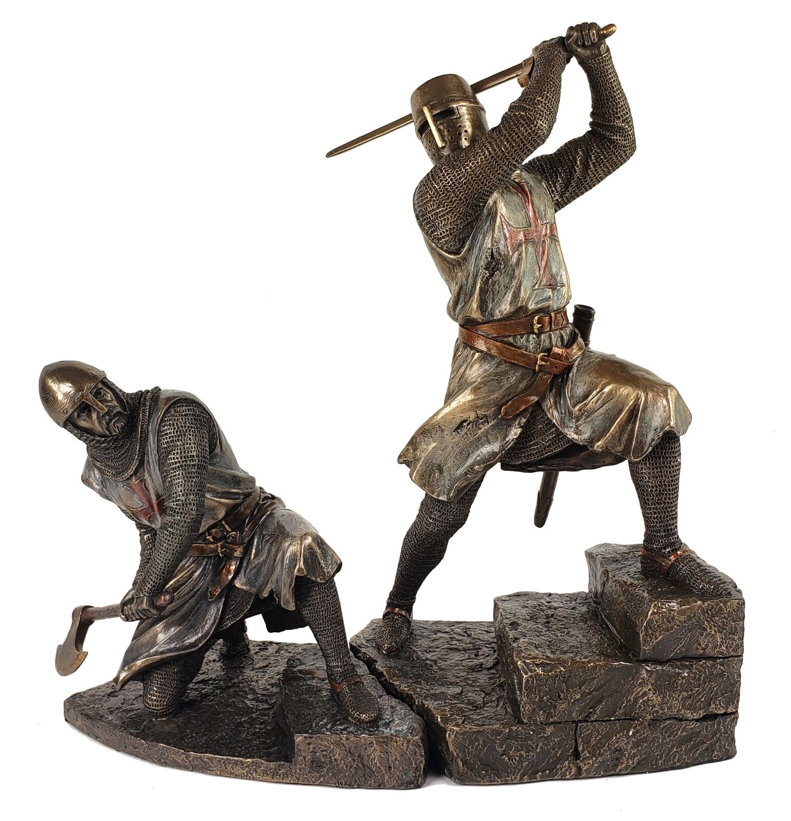 Pair of Medieval Times Templar Knights on Stairs Fighting Statue Bronze Color