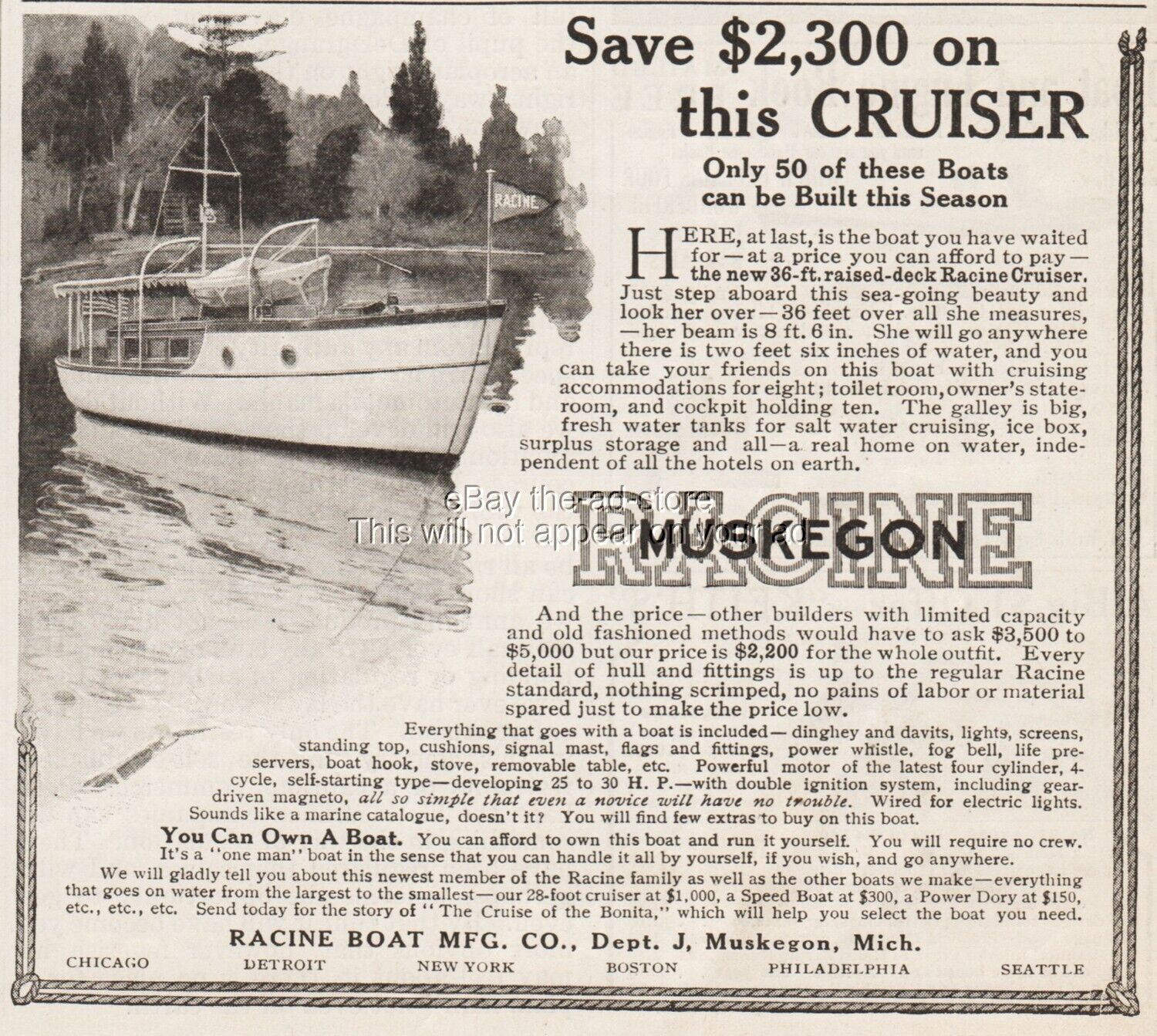 1910 Racine Boat Mfg Co Muskegon Michigan Cruiser Yacht Vintage Print Ad