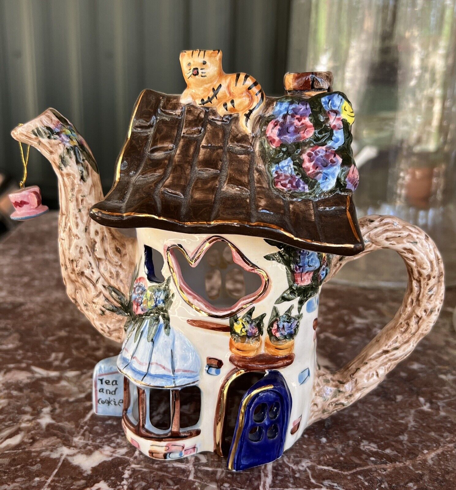 Blue Sky Ceramic Teapot Candle Tea Shop Clay works 2001 House Cat Cottage Granny