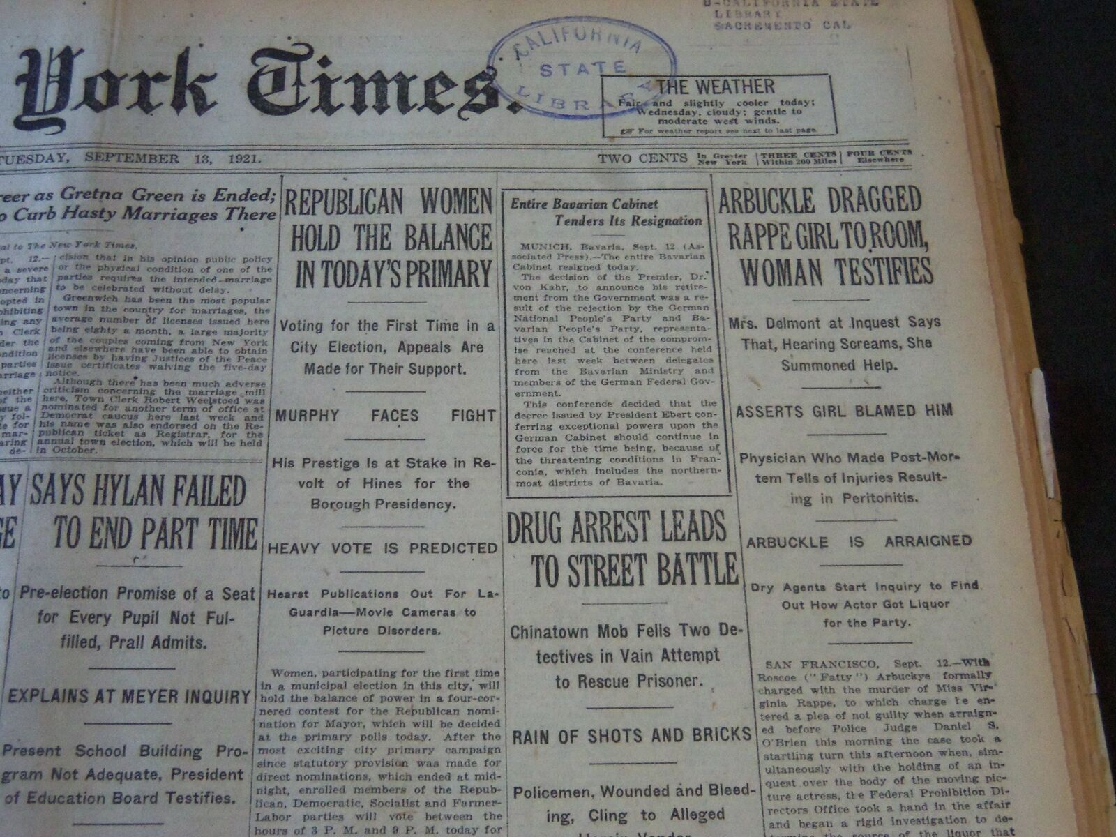 1921 SEPT 13 NEW YORK TIMES - ARBUCKLE DRAGGED RAPPE TO ROOM WOMAN - NT 6468