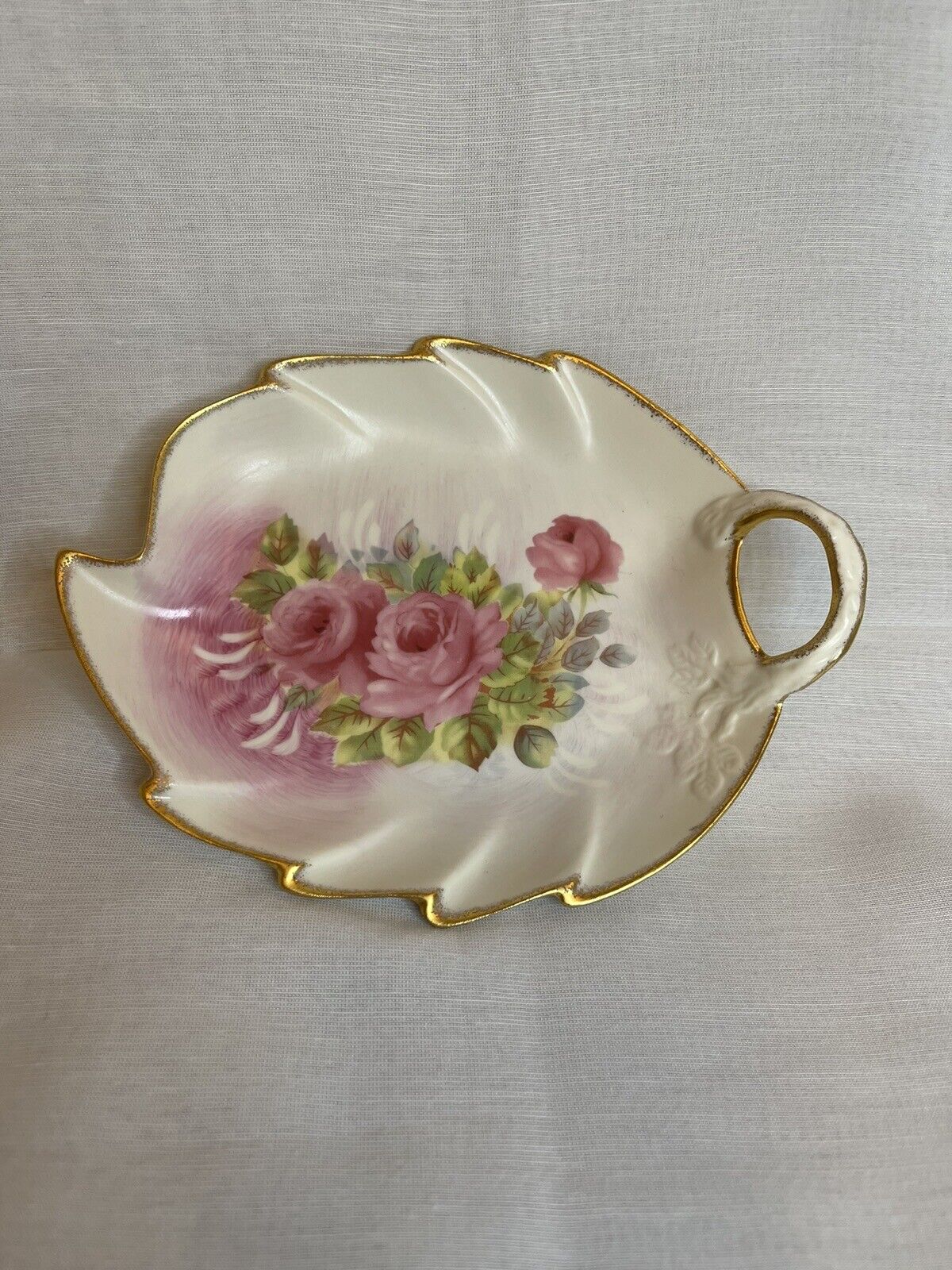 I. GODINGER & Co. Hand Painted W/Roses Gold Trim Porcelain Leaf Shaped Dish
