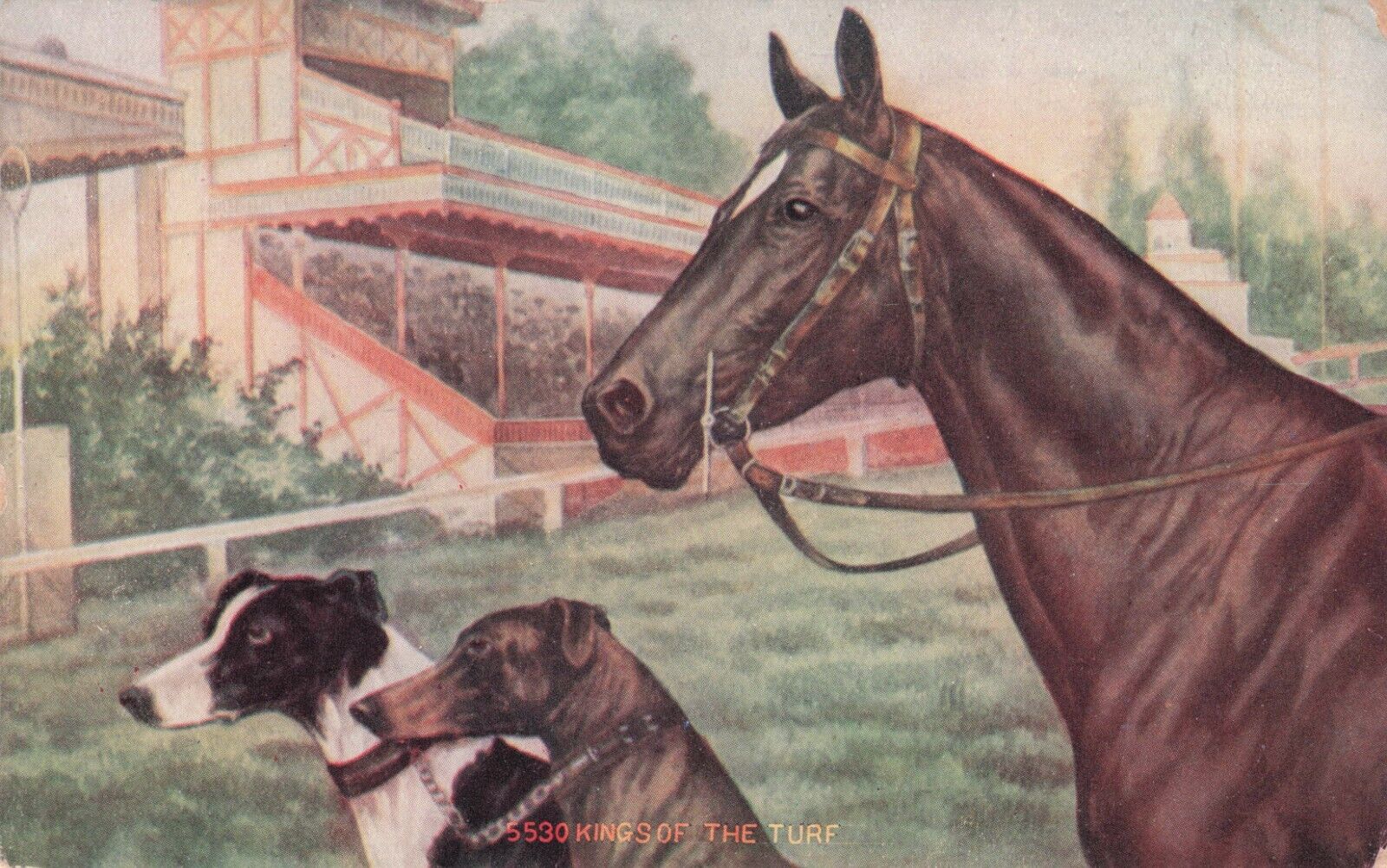 Artist Card Kings of the Turf Racehorse & 2 Greyhounds Vintage Postcard