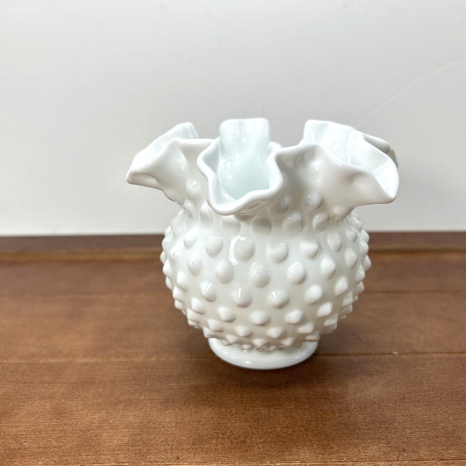 Fenton Milk Glass Vase Hobnail Crimped Ruffle Edge White Bowl Vintage