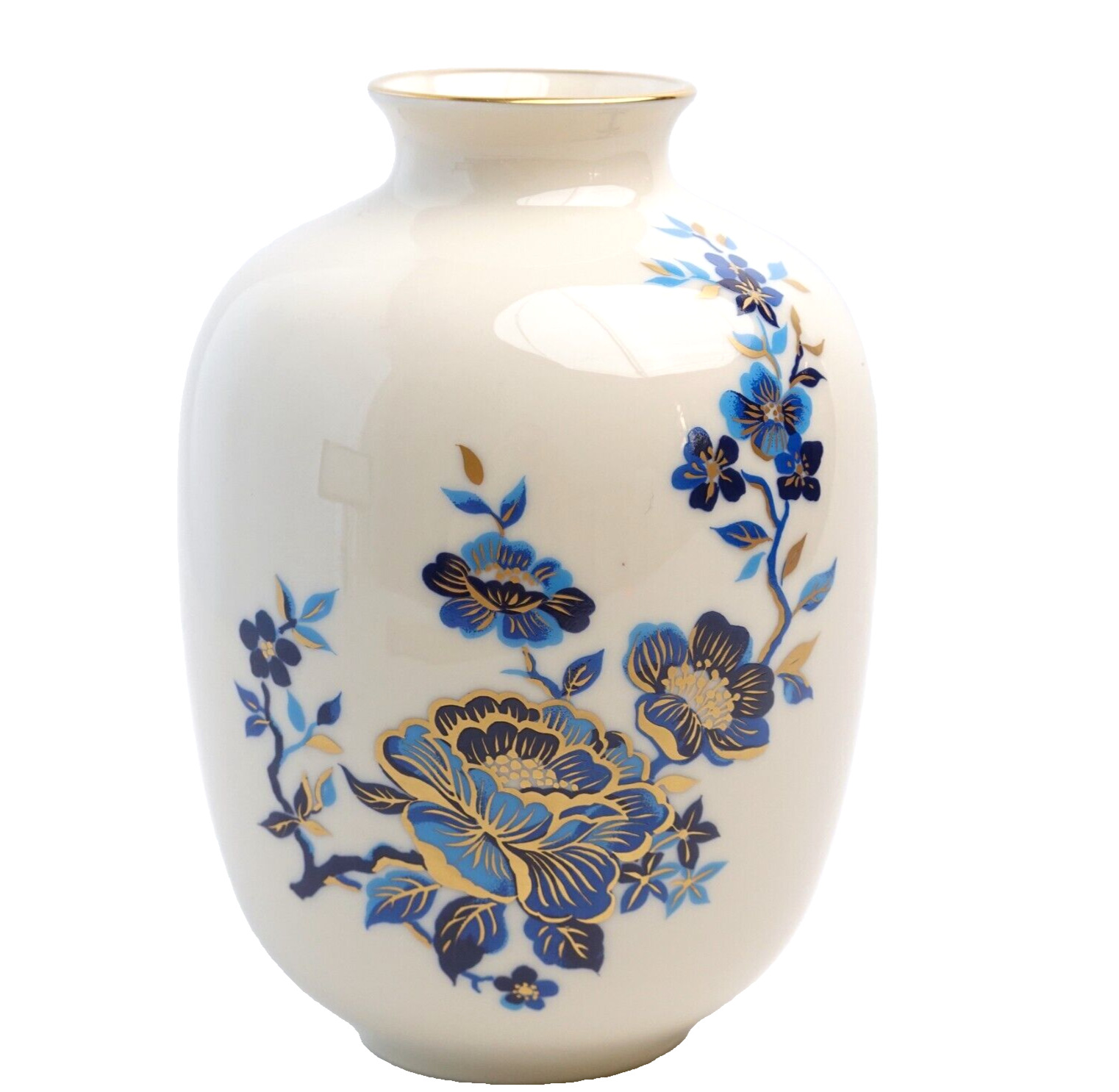 Lenox Pagoda Bone Chine Vase Cobalt Blue & Gold Flowers 6.25\