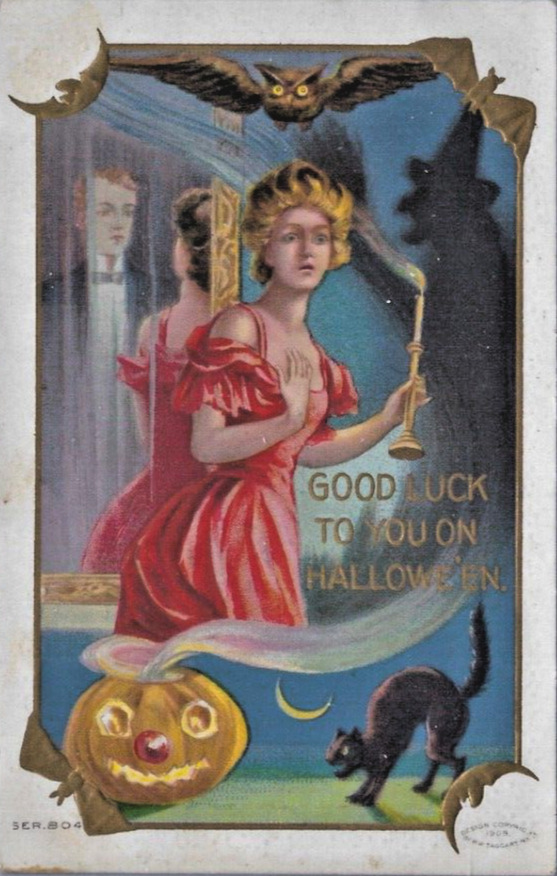 1910 Halloween Postcard Scared Woman Witch Silhouette Taggart Series 804