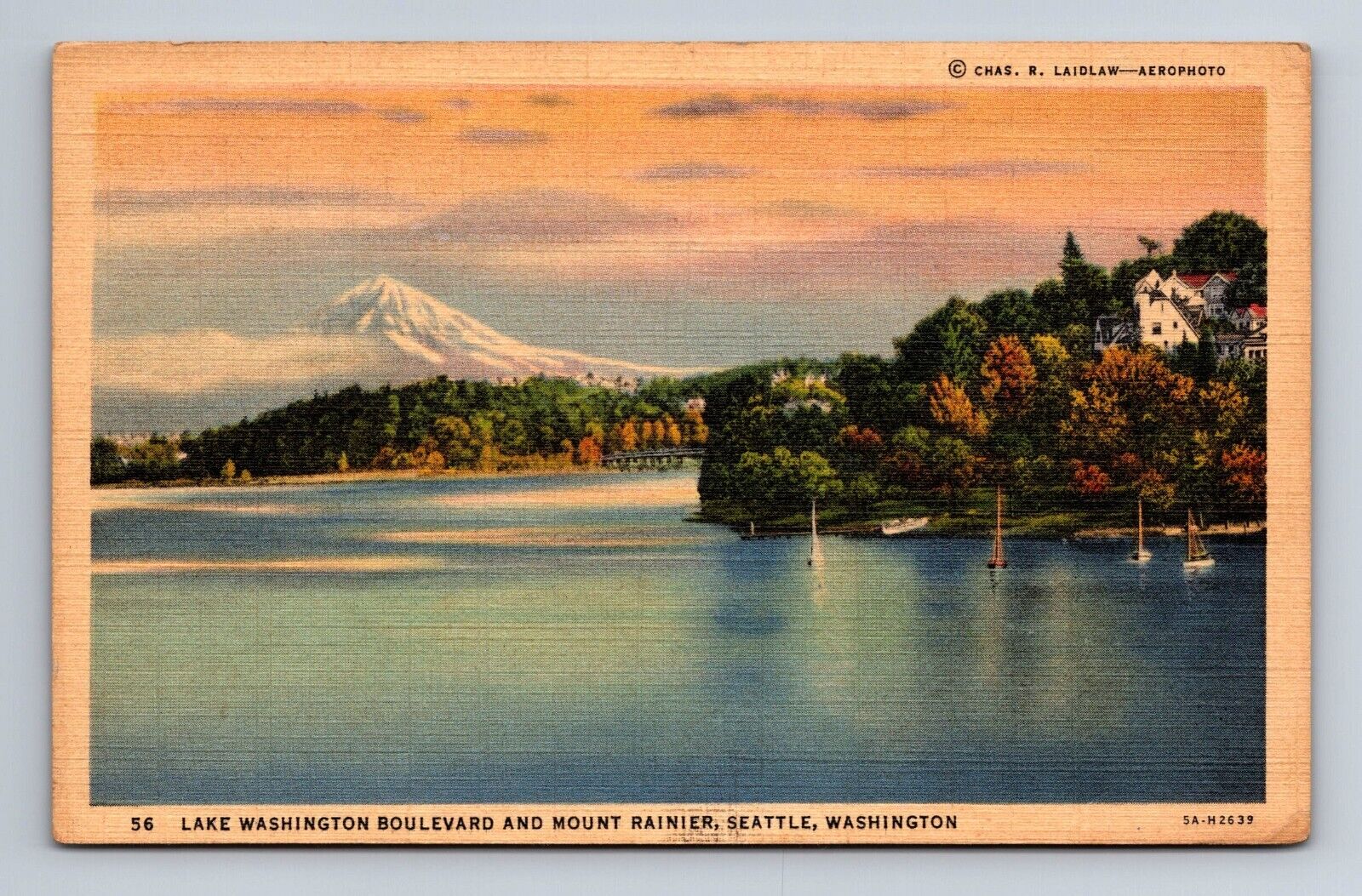 Lake Washington Boulevard and Mount Rainer Seattle Washington Postcard c1938