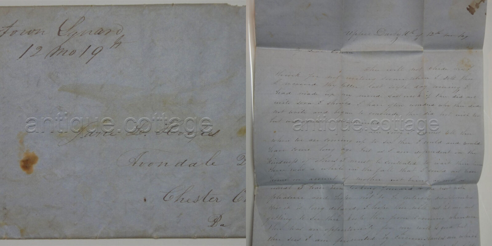 1849 antique STAMPLESS COVER LETTER to AVONDALE pa HOOPES from PRATT newtown sq