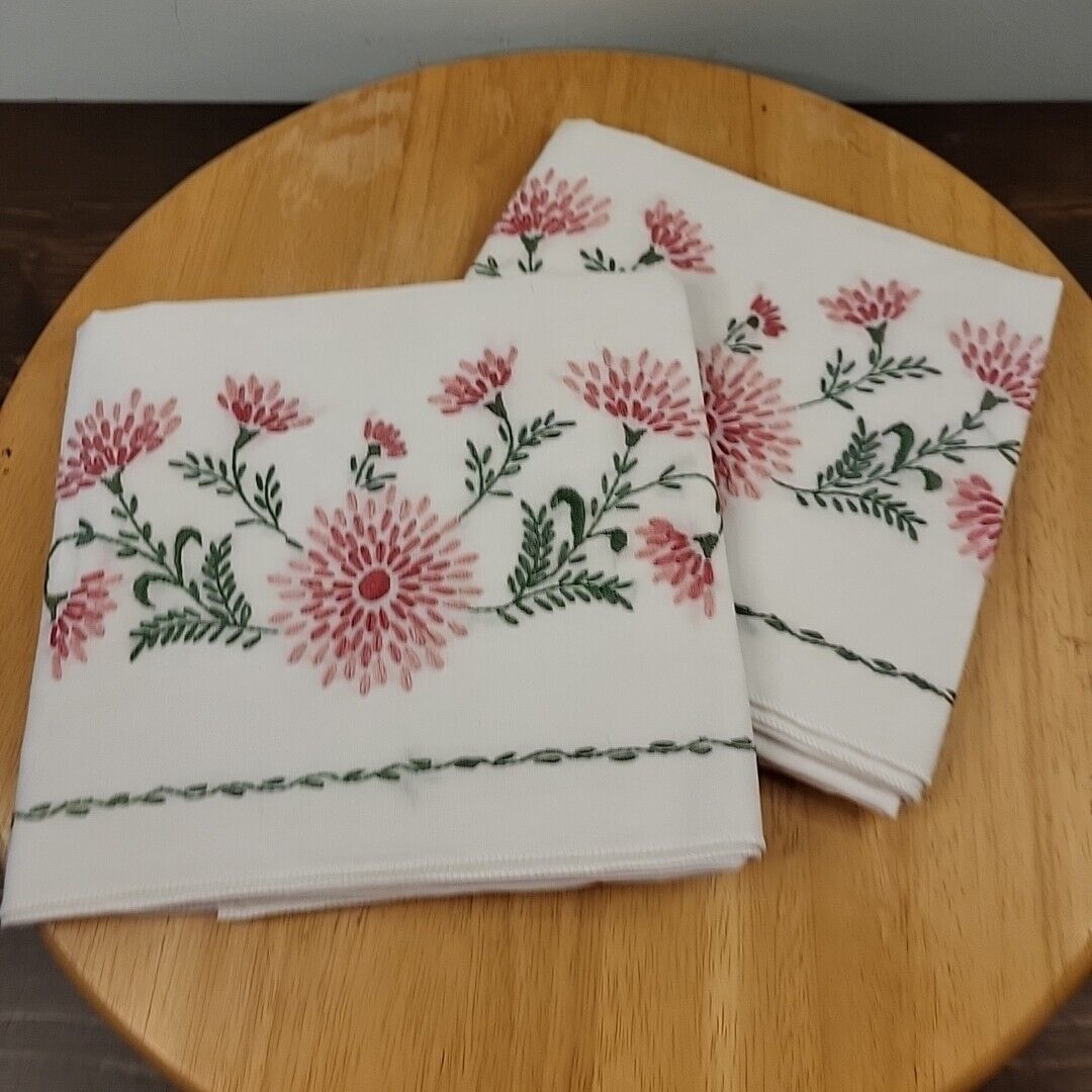 Vintage Embroidered  PILLOWCASE PAIR Pink and green flowers