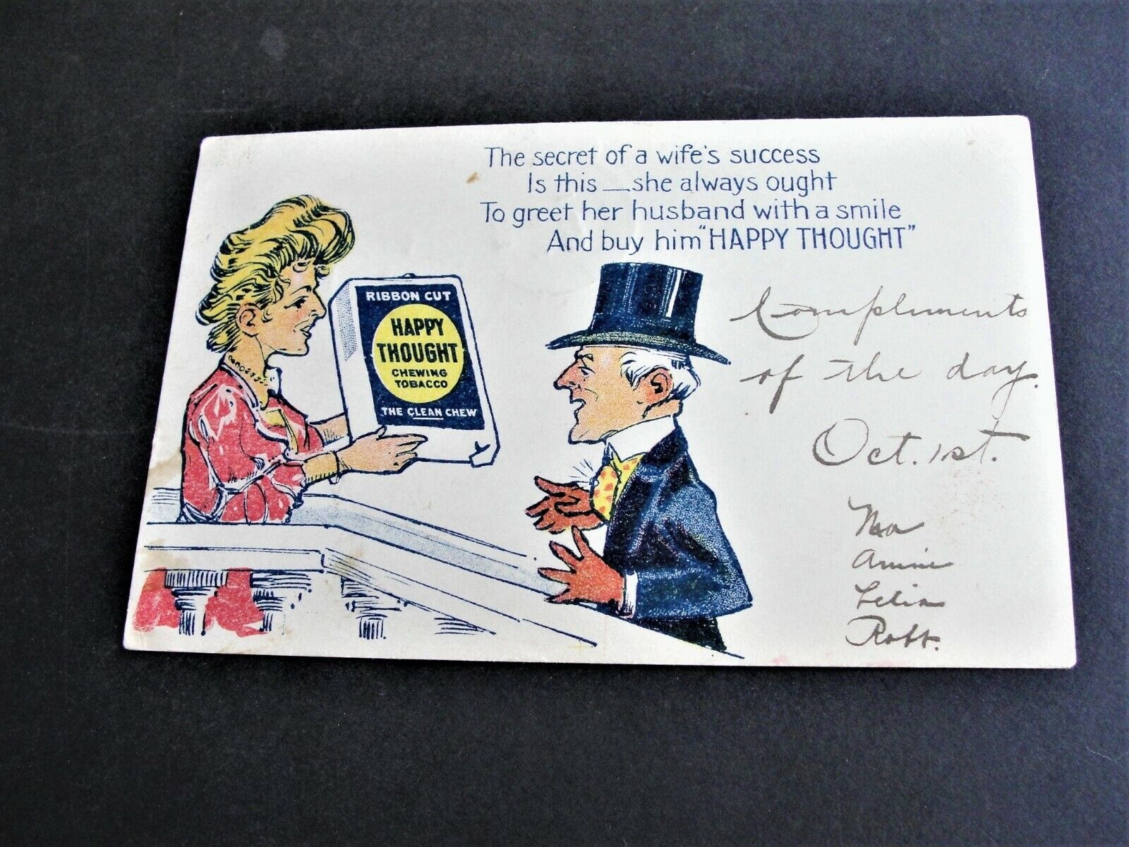 The secret of wife’s success-Ben Franklin 1cent-1906 Postmarked Comic Postcard. 