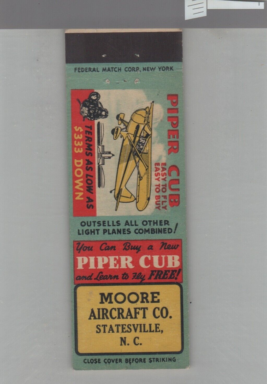 Matchbook Cover Piper Cub Dealer Moore Aircraft Co Statesville, NC