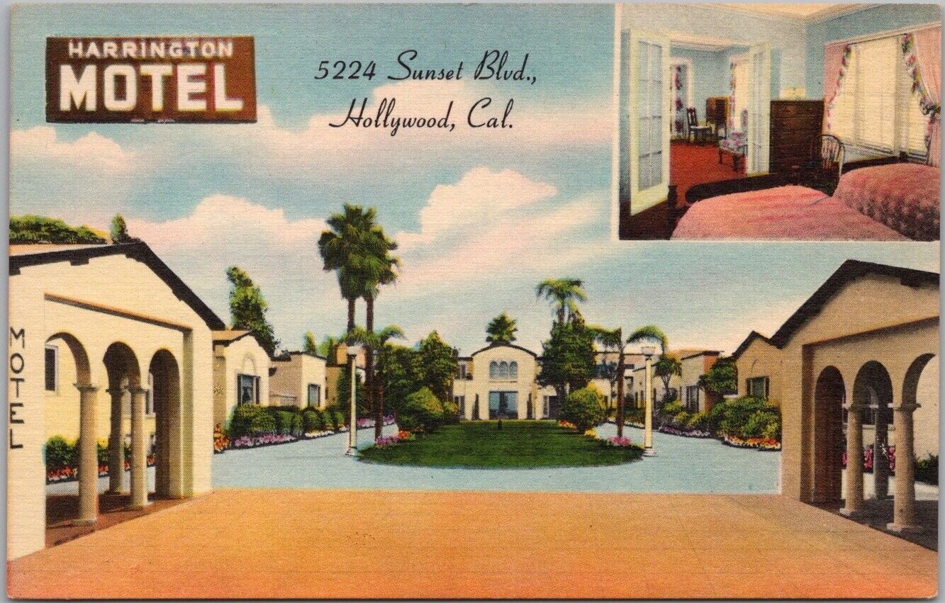 HOLLYWOOD, California Postcard HARRINGTON MOTEL Sunset Blvd. / Linen c1950s