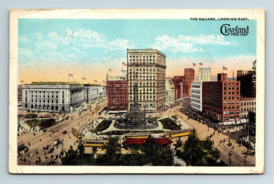 1921 WB Postcard Cleveland OH Aerial View The Square Trolley Street Car