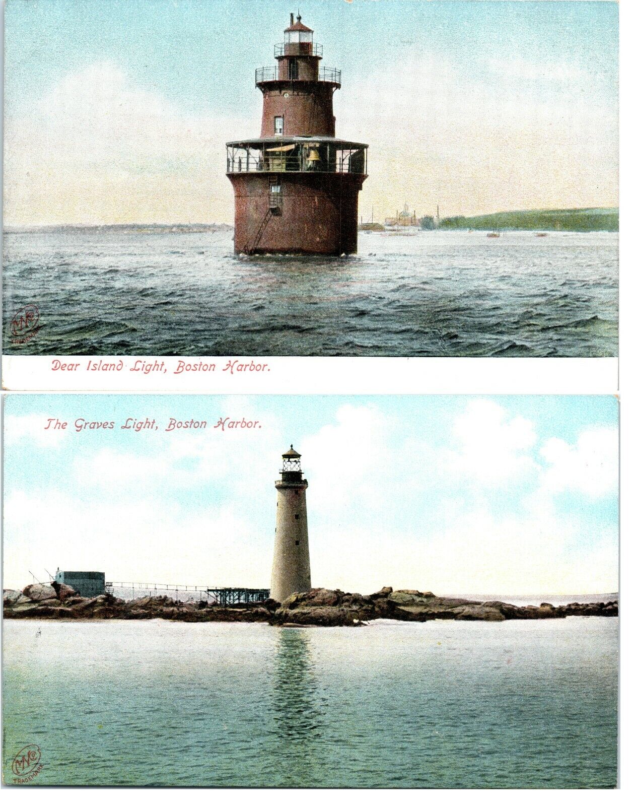 C.1901-07 Dear Island Light & The Graves Light Boston Harbor 2 Postcards