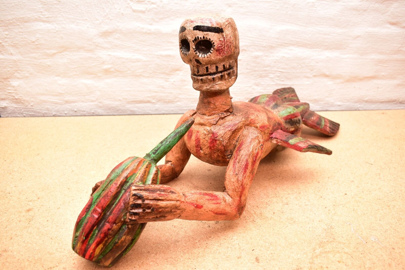 ATQ MEXICAN Guerrero FOLK ART WOOD Carved Mermaid Skeleton Hanging Mask Figure