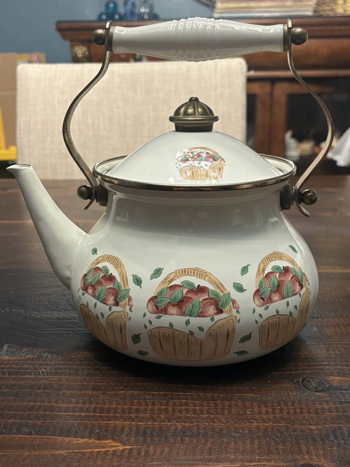Vintage White Enamel Teapot/Kettle With Brass Handle With Baskets Full Of Apples