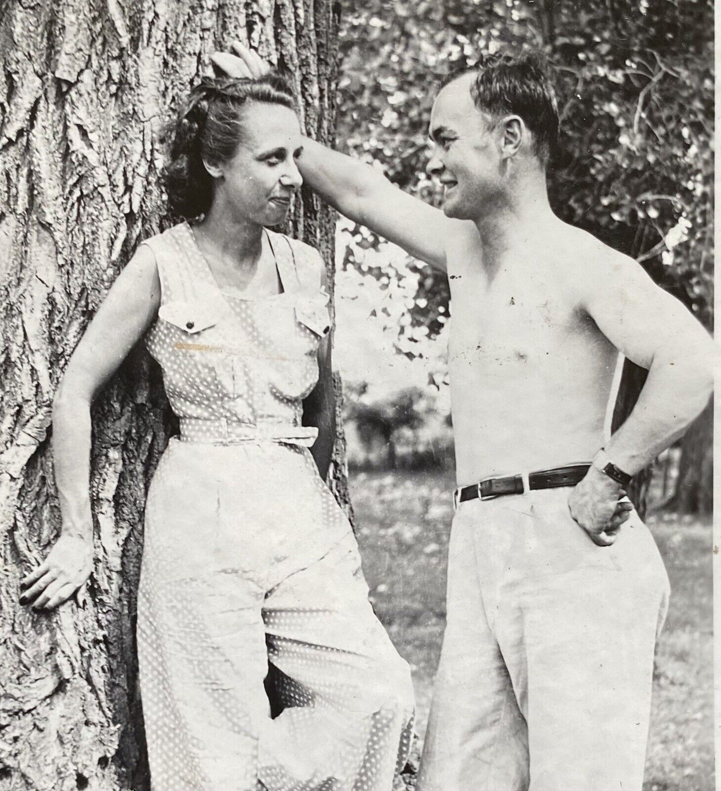 Flirty Skinny Couple by a Tree Original Snapshot Vintage Photo