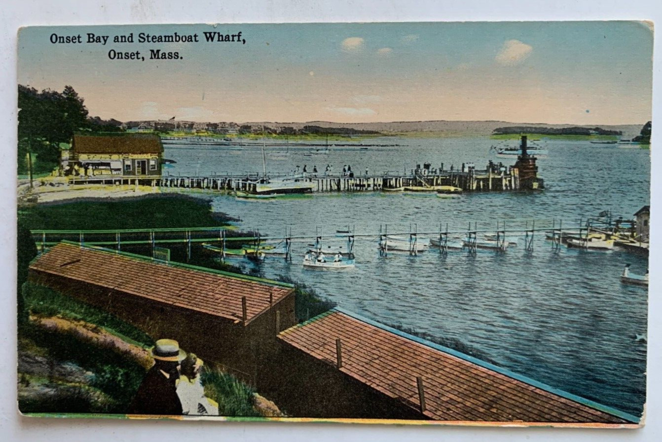 ca 1900s MA Postcard Cape Cod Onset Massachusetts Bay and Steamboat Wharf couple