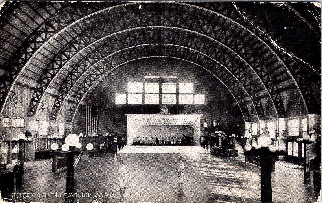 1913, Interior of Big Pavilion, SAUGATUCK, Michigan Postcard - Curt Teich