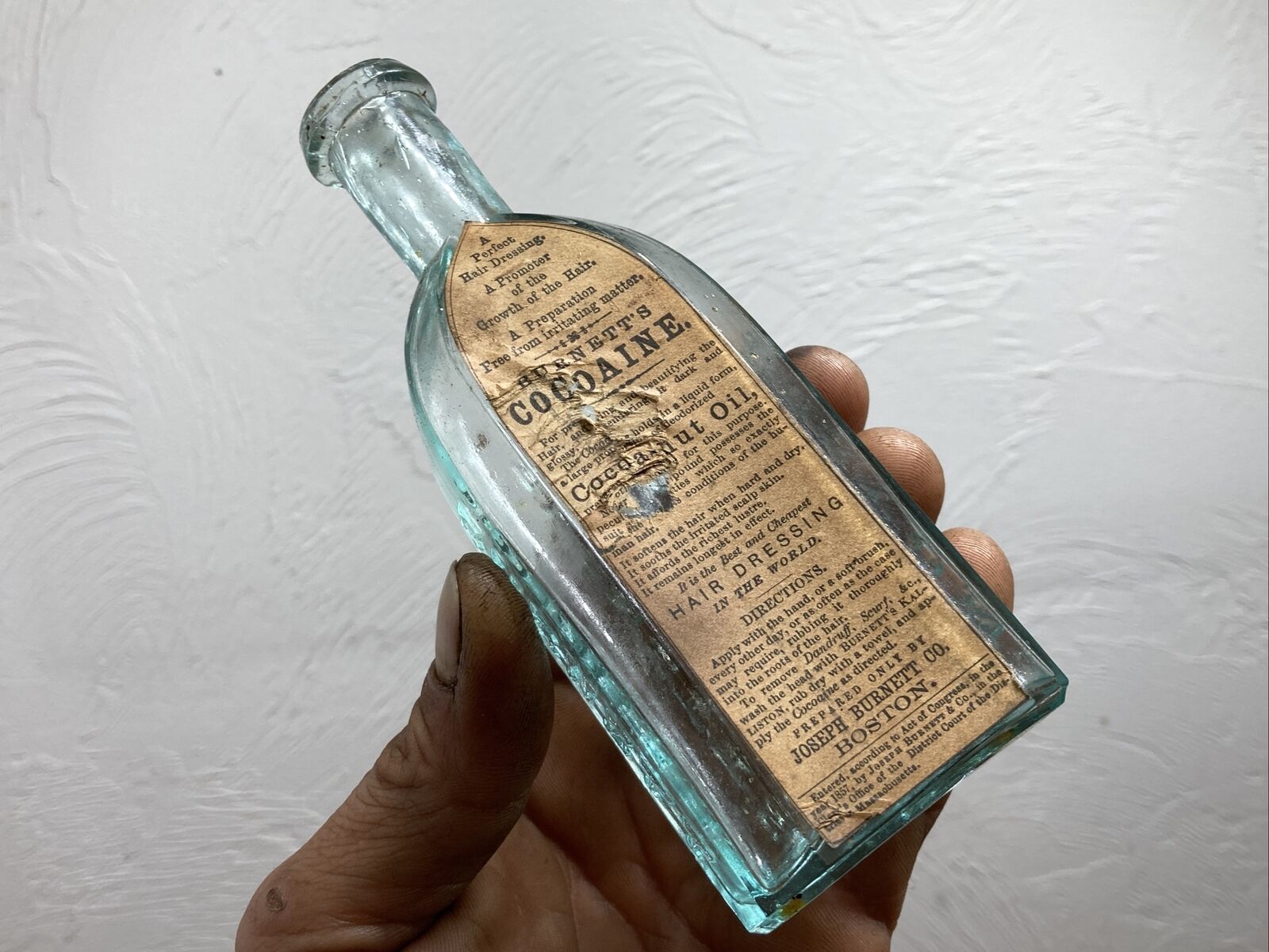 Pontil Age Bottle BURNETTS COCOAINE 1860 XCRUDE Hammer Whittled Boston MA Label